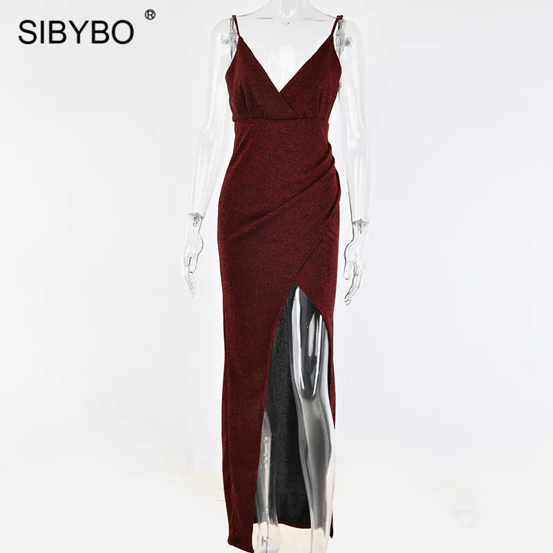 Sibybo, блестящее, с разрезом, свободное, летнее, длинное платье, для женщин, на тонких бретелях, без рукавов, сексуальное, макси платье, с открытой спиной, Пляжное, вечернее, длинное