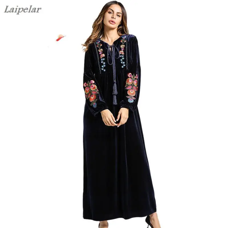 

Tassel Tie V-Neck Long Sleeve Winter Dress Women Vintage Floral Embroidery Velvet Maxi Dress Elegant A-Line Dress PlusSize