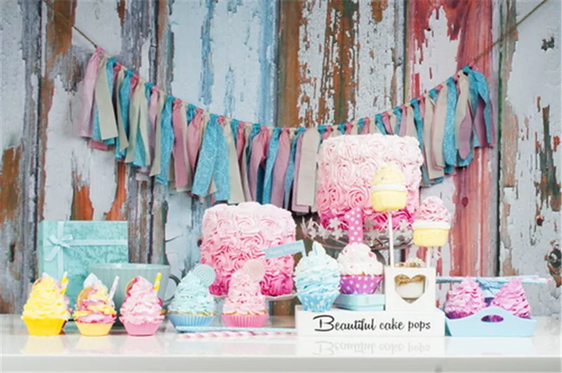 

Retro Wood with Birthday Cake Newborn Baby Photography Backdrops Custom Background Studio Children Backdrops Props Fotografia