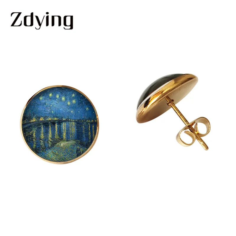 ZDYING Starry Night Van Gogh Sunflower Stud Earrings Glass Pattern Dome Stainless Steel Gold Color Ear Studs Gift VG001 | Украшения и