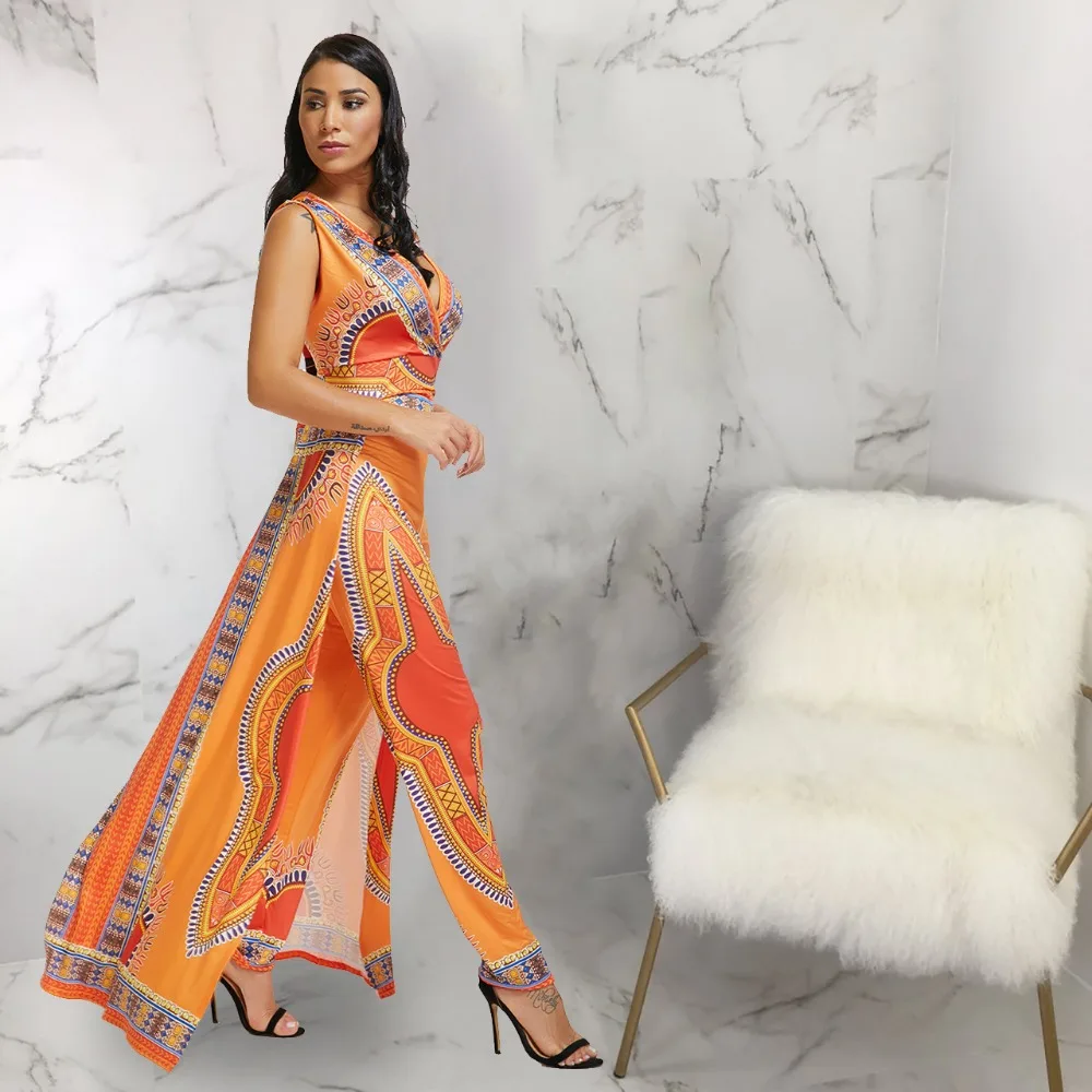 Women Fashion African Print Bodycon Pants Deep V-Neck Party Jumpsuits | Женская одежда