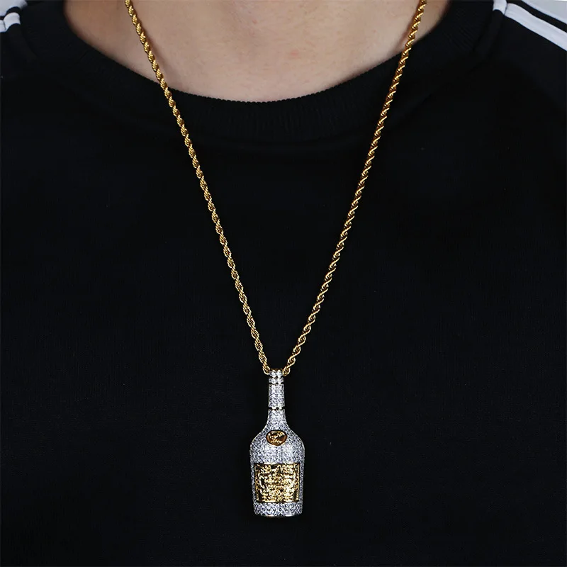 В Стиле Хип-хоп, два тона, с микро покрытием, AAA, кубический цирконий, Bling Iced Out, бутылка для виски, вина, подвески, ожерелье для мужчин, рэппер, ювелирное изделие, золото