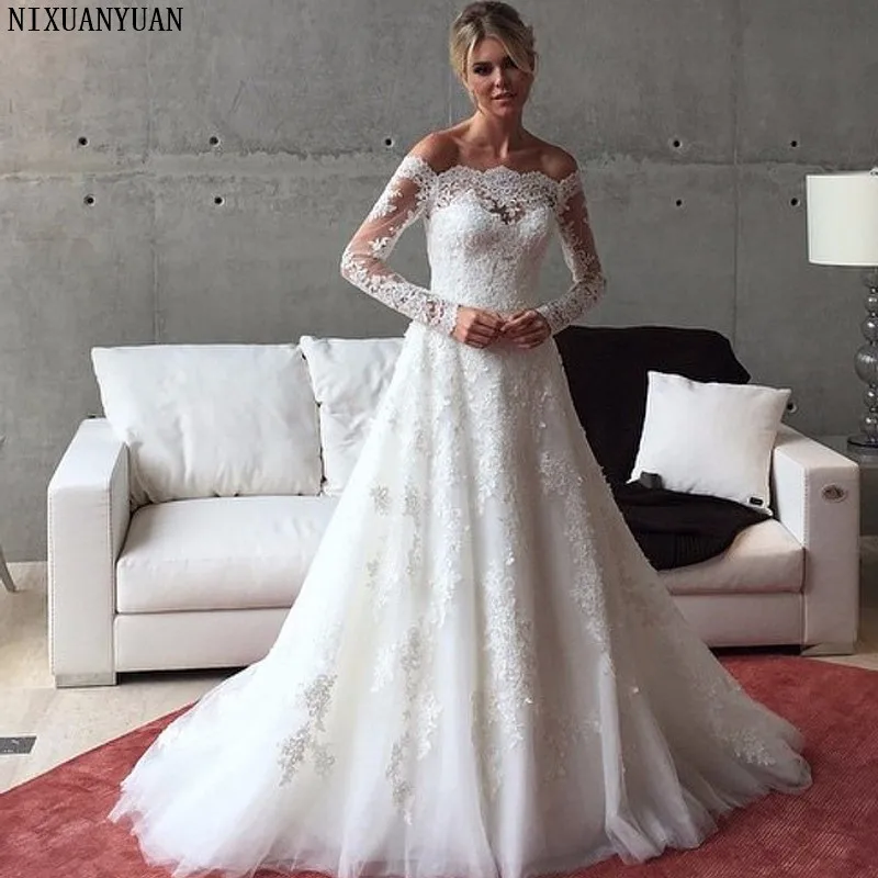 Vestido De Noiva лодочная Шея Кружевная аппликация с бусинами ТРАПЕЦИЕВИДНОЕ свадебное