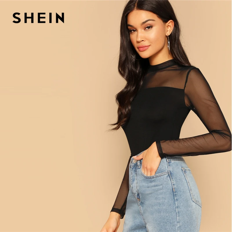 SHEIN Прозрачный Сетчатый Топ Со Стоячим Воротником Женский Весенний Черный Сексуальный Топ С Длинными Рукавами