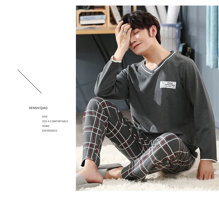 WAVMIT Men's Pajamas Long Sleeve Cotton Plus Size 4XL 5XL Men Pyjamas Sets Sleepwear Sets Father Pajamas Nihgtwear