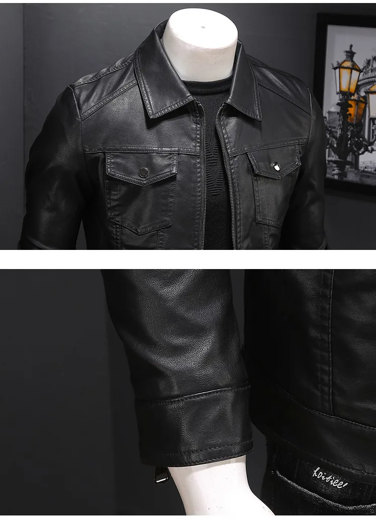 

Black Faux Leather Jackets Men Fashion Business Windbreaker Turn Down Collar Multi-pocket Casual Slim Fit Biker Clothing Man