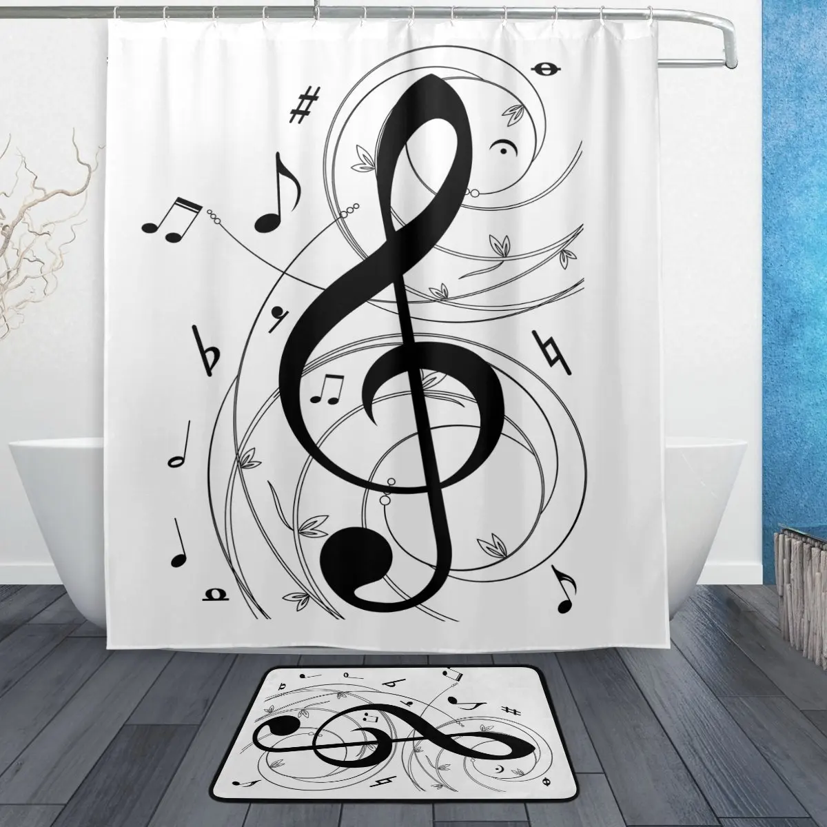 Музыкальная занавеска для душа и набор ковриков музыкальные нотки