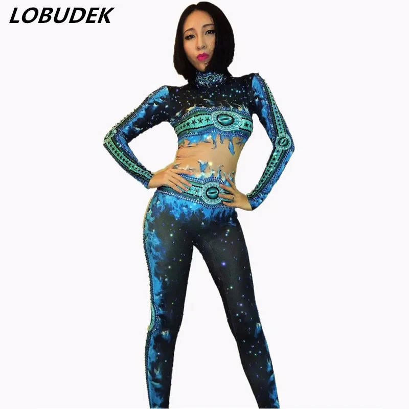 

Jumpsuit Bar DJ DS Singer Female Costumes Dance Troupe Jazz Stage Wear Blue Crystals Leotard Nightclub sexy performance costume