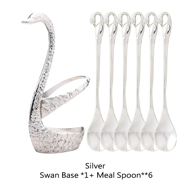 sliver set-6spoon Лебедь База держатель фрукты вилки набор нержавеющая сталь салат десерт вилки ложка кофе Торт Инструменты посуда - Цвет: sliver set-6spoon