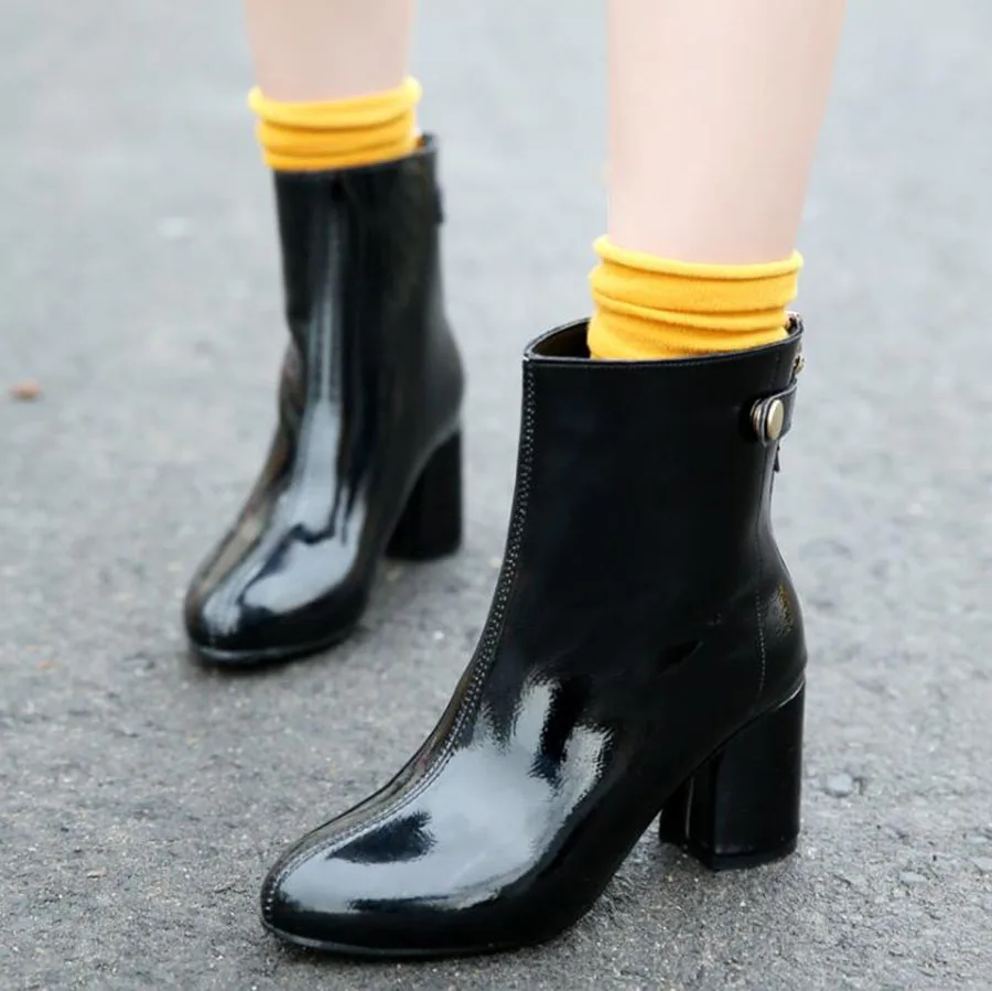 Autumn and Winter New Concise Fashion High Heel Boots Women's Round Head Cool Patent Leather Vogue Versatile Martin Lady | Обувь