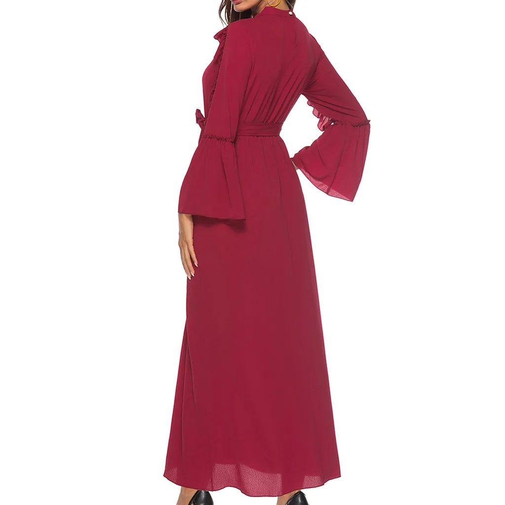 women spring 2019 solid red dress sash peplum ruffles long sleeve ankle length elegant dresses maxi vestidos 5.4 | Женская одежда
