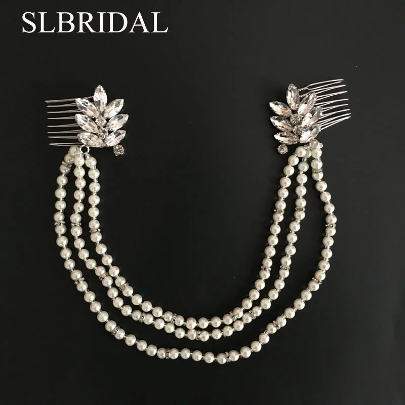 Женский гребень для волос SLBRIDAL серебристые Стразы с кристаллами и жемчугом