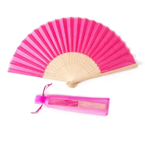 Hot pink with bag Персональный гравированный Шелковый ручной вентилятор Свадебные Веер Складной старинные вееры Индивидуальные свадебный подарок 50 шт - Цвет: Hot pink with bag
