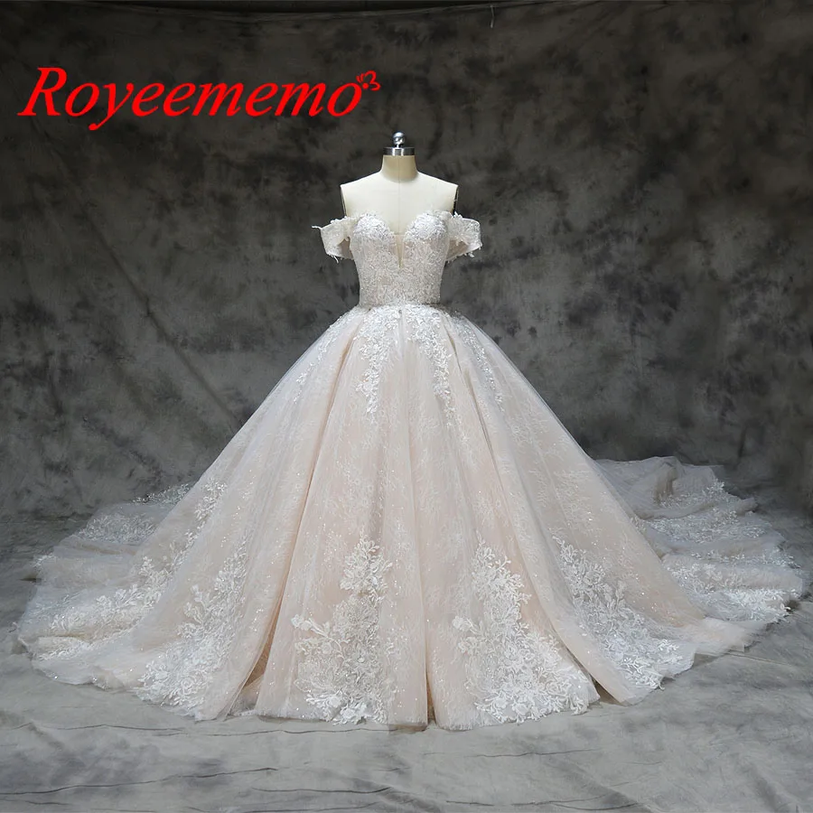 nude and ivory Новое роскошное кружевное свадебное платье Королевский поезд бальное платье тяжелое свадебное платье расшитое бусинами на заказ прямо с фабрики свадебное платье - Цвет: nude and ivory