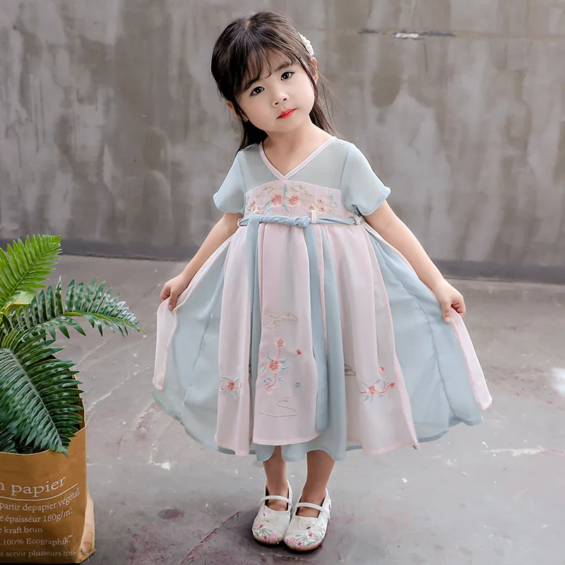 Китайский Hanfu платье для девочек летний костюм династии Тан китайская детская одежда народные национальные костюмы платье принцессы DQS1965