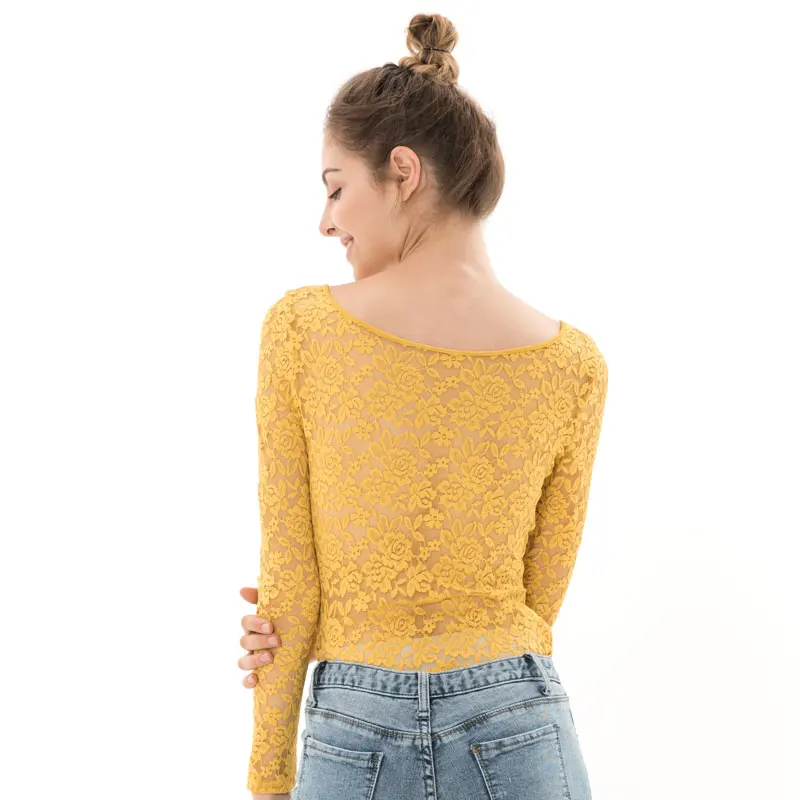 Женская Кружевная футболка с длинным рукавом Apperloth Желтая Прозрачная Футболка