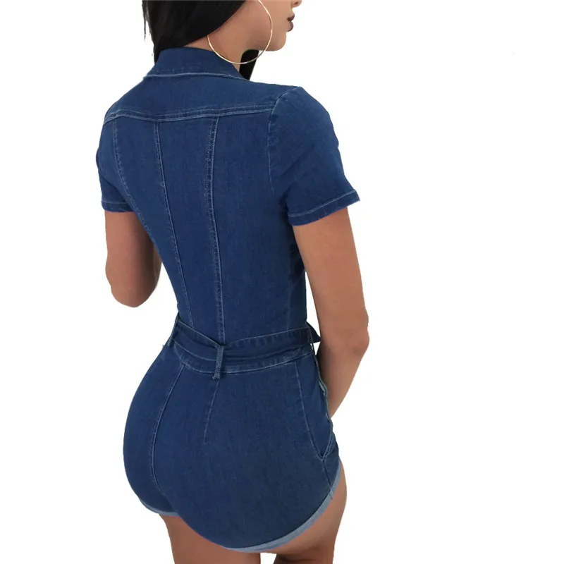 Adogirl Для женщин короткий рукав джинсы комбинезоны отложным воротником Sexy