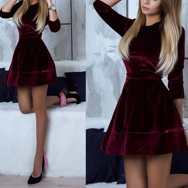 Винтажное Мини Короткое платье женское осенне весеннее бархатное с длинным