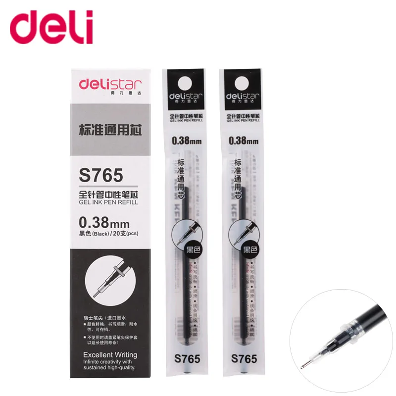 Deli 20 шт./лот, пористые чернила для ручек, гелевая ручка, заправка, нейтральная ручка, хорошее качество, заправка, черные, 0,38 мм, заправка, для офиса и школы