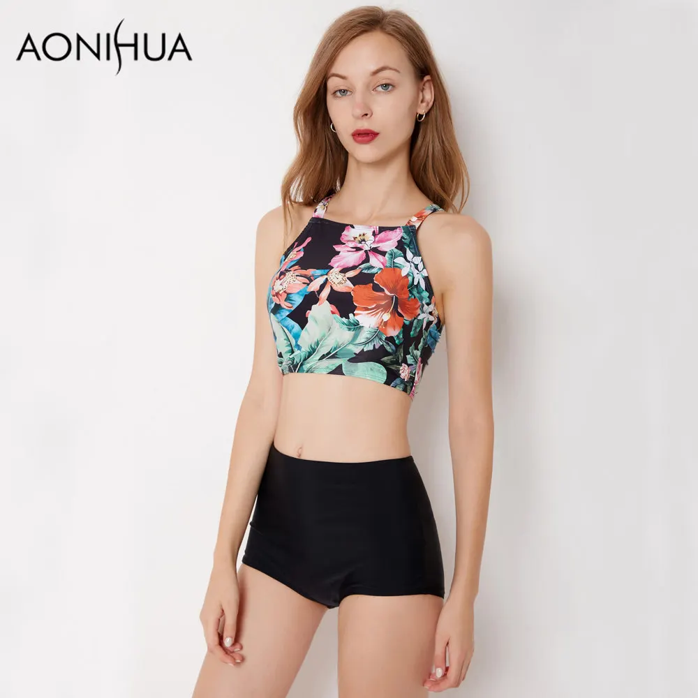 

AONIHUA Want to be butterfly | 2018 комплект бикини с цветочным принтом, женский летний винтажный пляжный купальник с высокой талией и воротником, купальни...