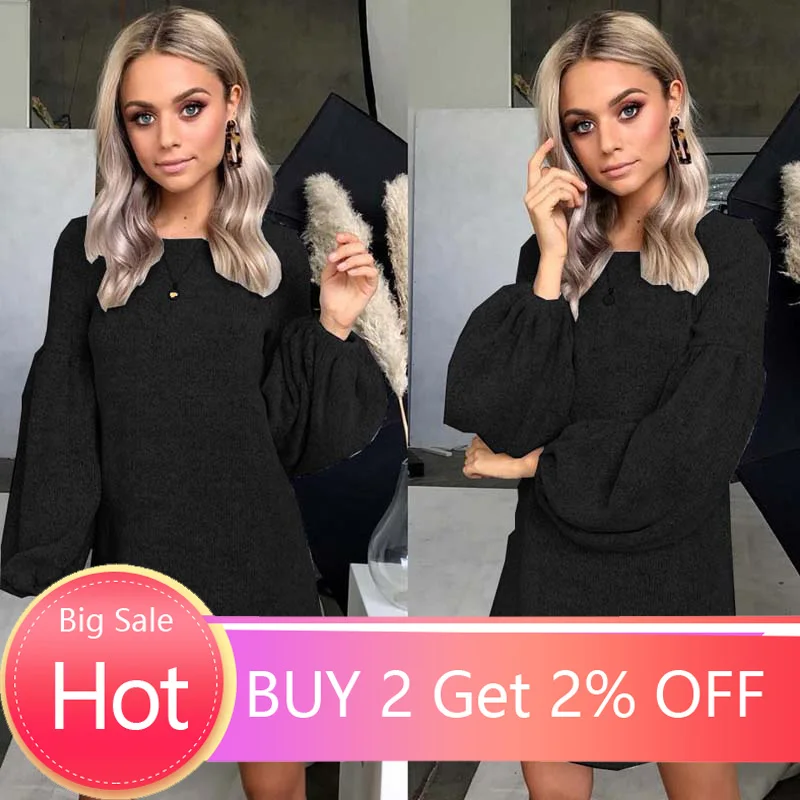 Женский Длинный свитер с рукавами-фонариками Свободный теплый вязаный джемпер