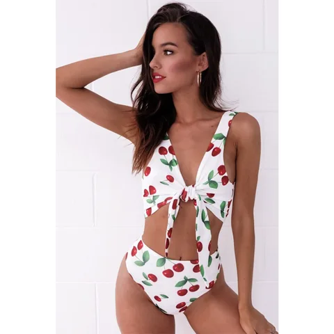 NEW Women Beachwear Cherry Print Padded High Waist Triangle Bikini Set Bow Bandage Push-Up Swimsuit Bathing Suit Swimwear