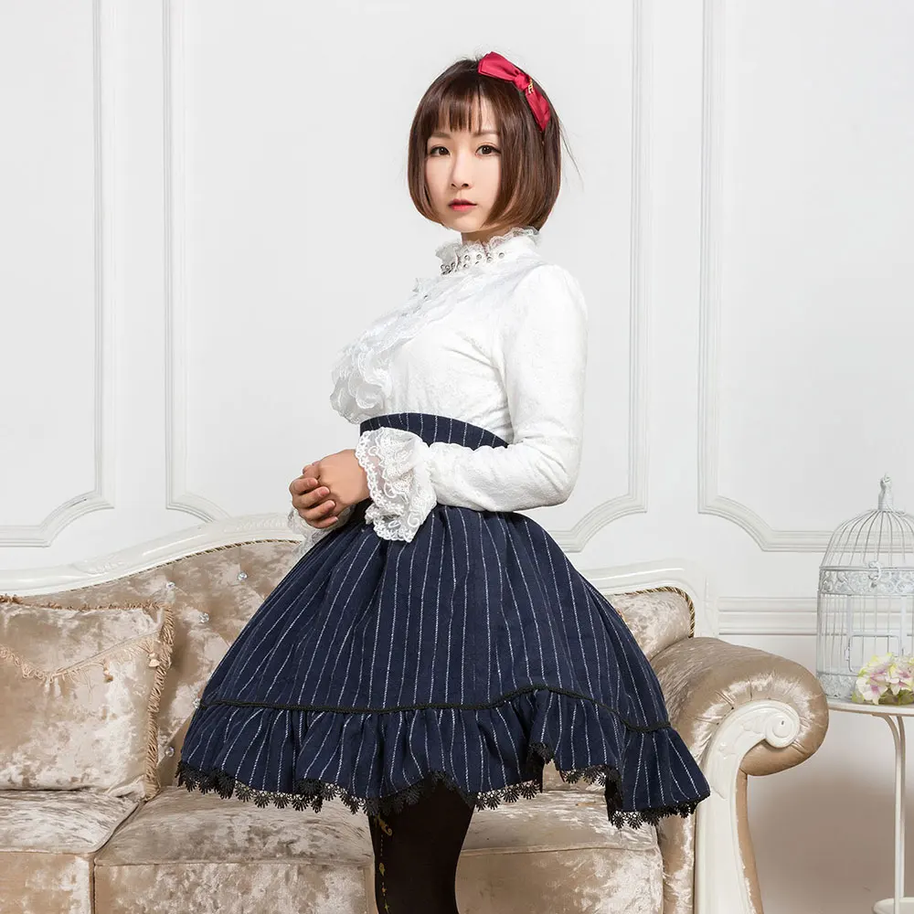 Классическая полосатая юбка до колена с высокой талией и кружевной отделкой|length