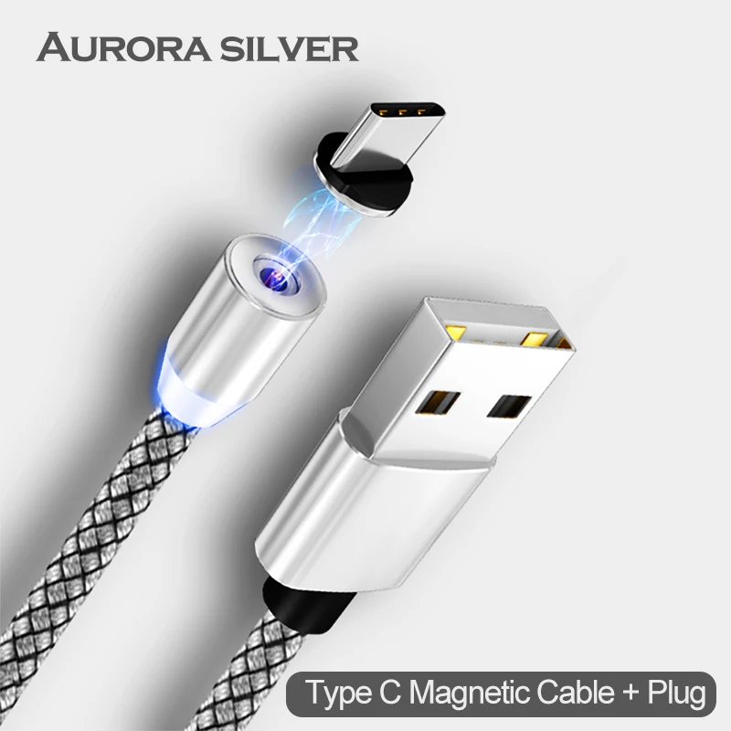 Silver For Type C Магнитный светодиодный usb-кабель для быстрой зарядки для iphone 6, 6s, 7, 8, XS, X, шнур зарядного устройства для samsung s9/10 type-C, Micro USB кабель для зарядки телефона - Цвет: Silver For Type C