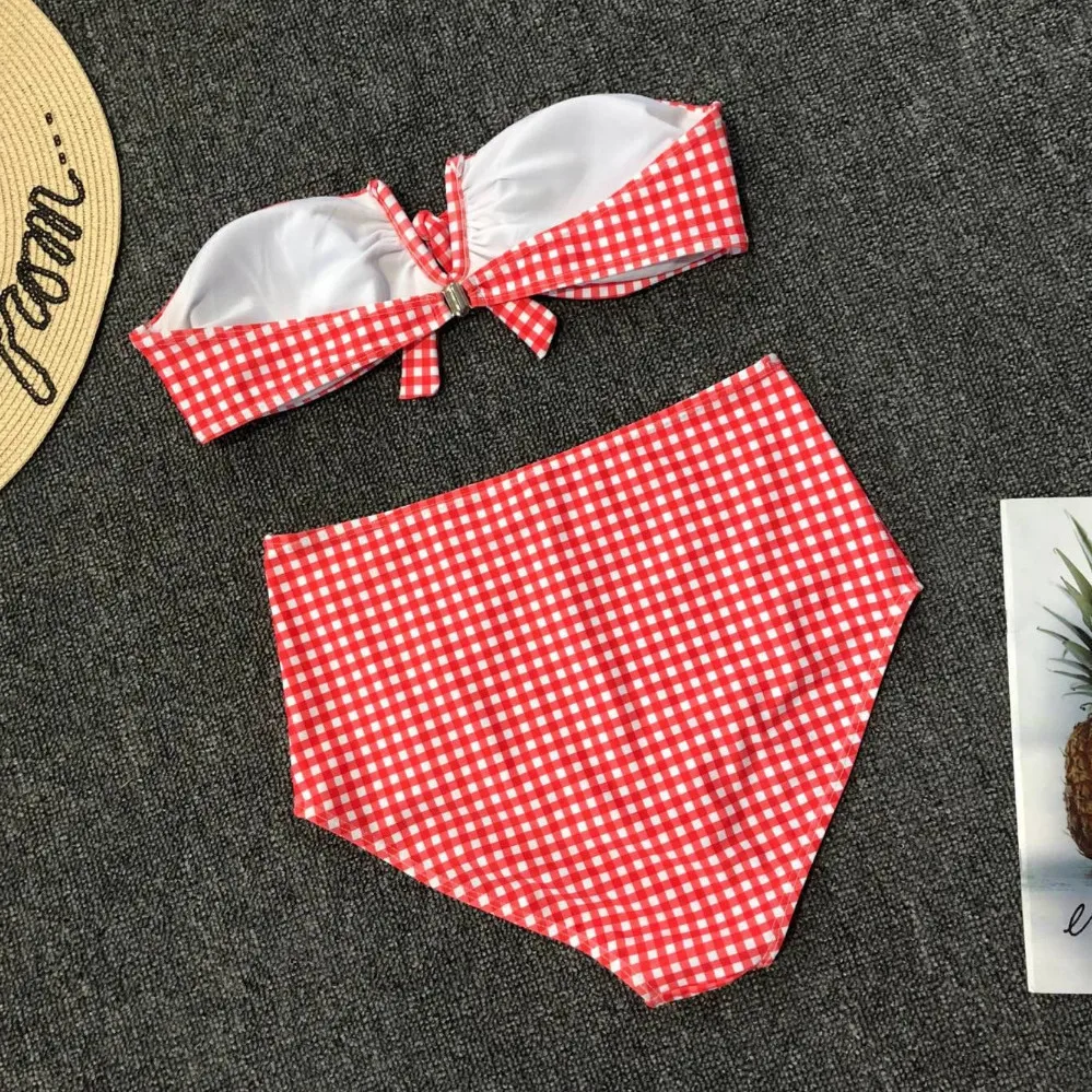 Женский купальник в красную клетку с v образным вырезом пуш ап бюстгальтер