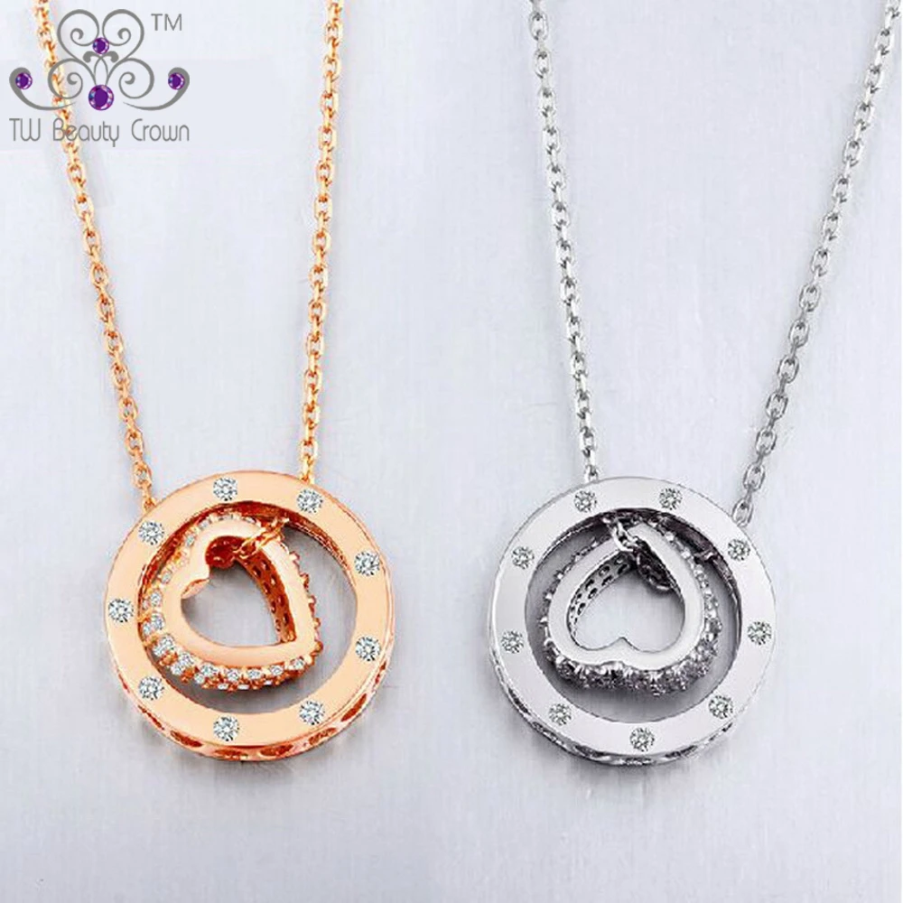 

2017 New Hight Quality 925 Sterling Silver Unique Design Love Heart Round Circle Chains Clear Cubic Zirconia Necklaces For Women