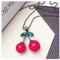 10 new sweater chain fruit three dimensional cherry zircon pendant necklace geometric round red cherry colorful necklace jewelry