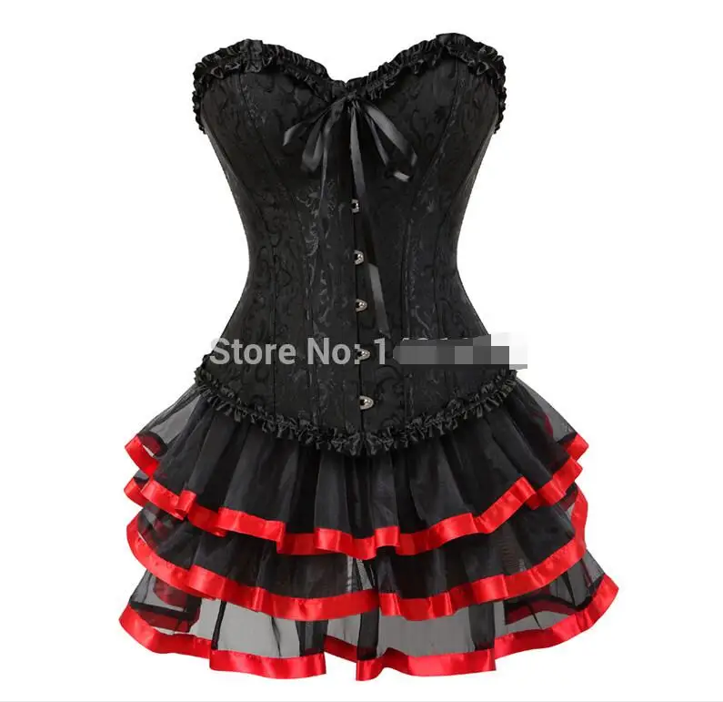 sexy corsets for women plus size party costume overbust burlesque corset and skirt set tutu corselet victorian fashion gowns - Цвет: Красный