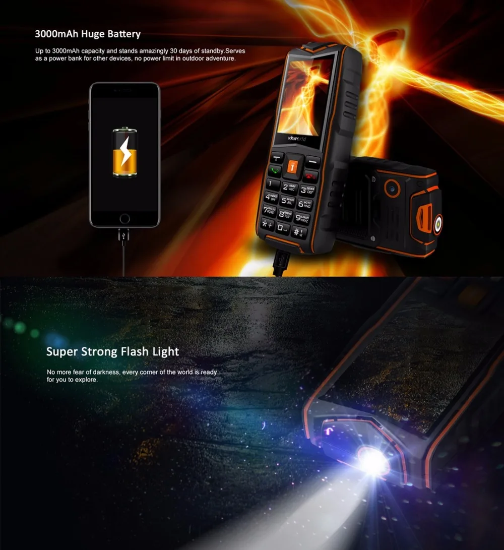 VKWorld New Stone V3 Waterproof Mobile Phone IP68 2.4 inch GSM FM Russian Keyboard 3 SIM Cards Slot 3000mAh Cellphone LED Light | Мобильные
