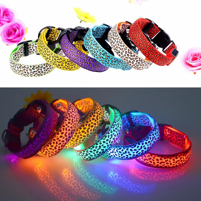 Модный Леопардовый светодиодный ошейник для собак мигающий в темноте нейлоновое