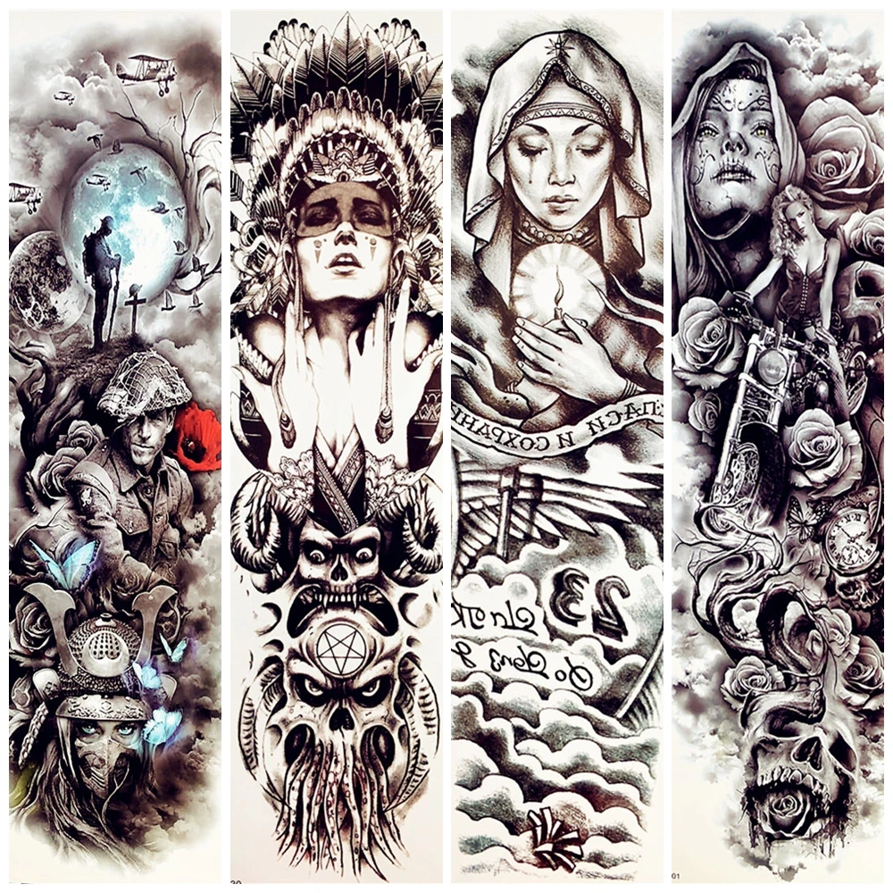 

48x17CM Large Men Arm Sleeve Temporary Tattoo Pirate Women Nun Girl Boy Fake Waterproof Black Tattoo Totem Vintage Flower Tatoos