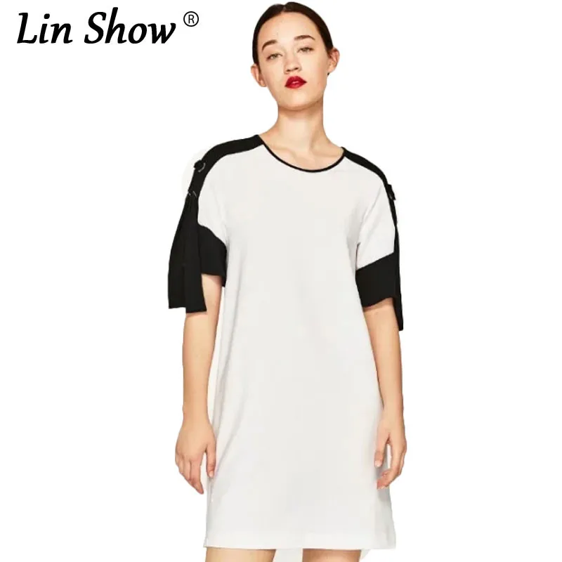 Linshow Элегантный белый шнурок футболка платье в стиле пэчворк с круглым вырезом