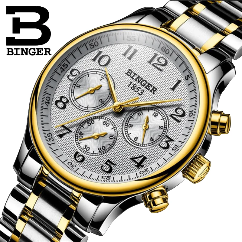 

BINGER Mechanical Watches Mens Top Brand Luxury Stainless Steel Six needles Three Small Dials Automatic Watch Men's