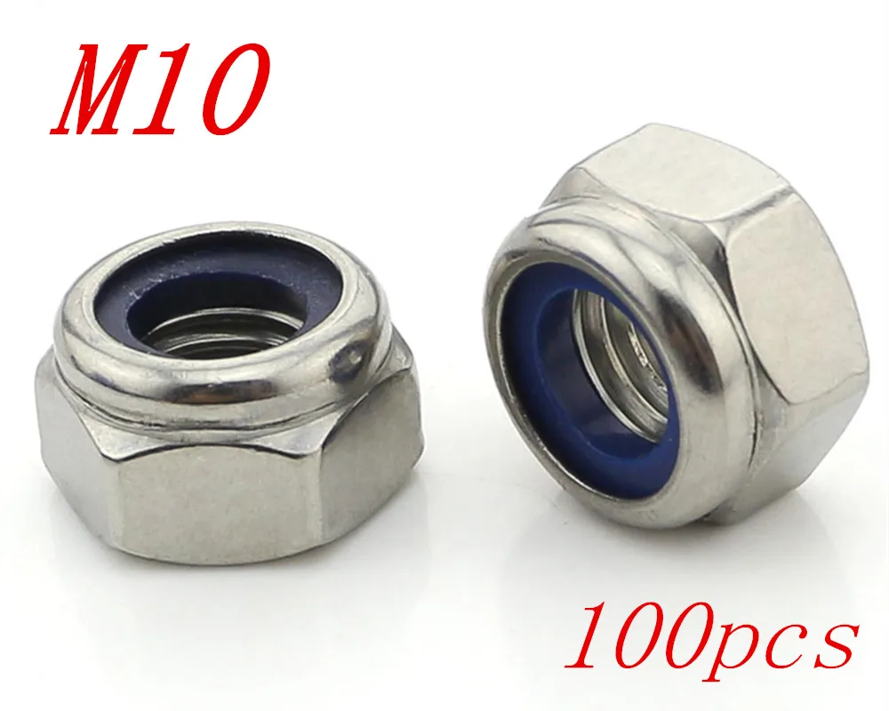 

Метрические гайки M10 304 из нержавеющей стали с шестигранной головкой и нейлоновой вставкой, стопорные гайки 100 шт./лот, бесплатная доставка