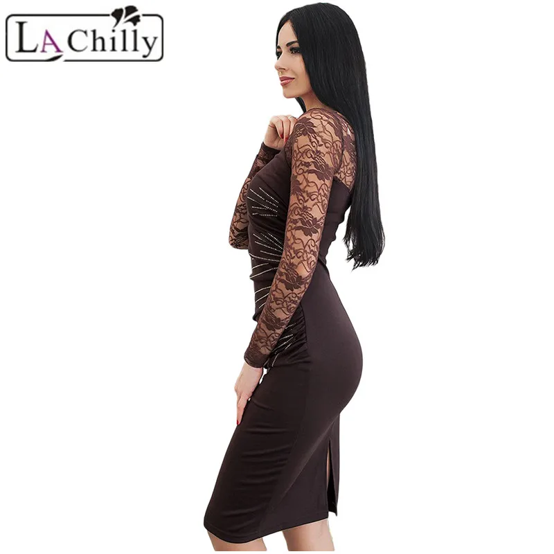 La chilly sukienka Vestido миди пикантные красные черные Кружево с длинным рукавом Вышивка