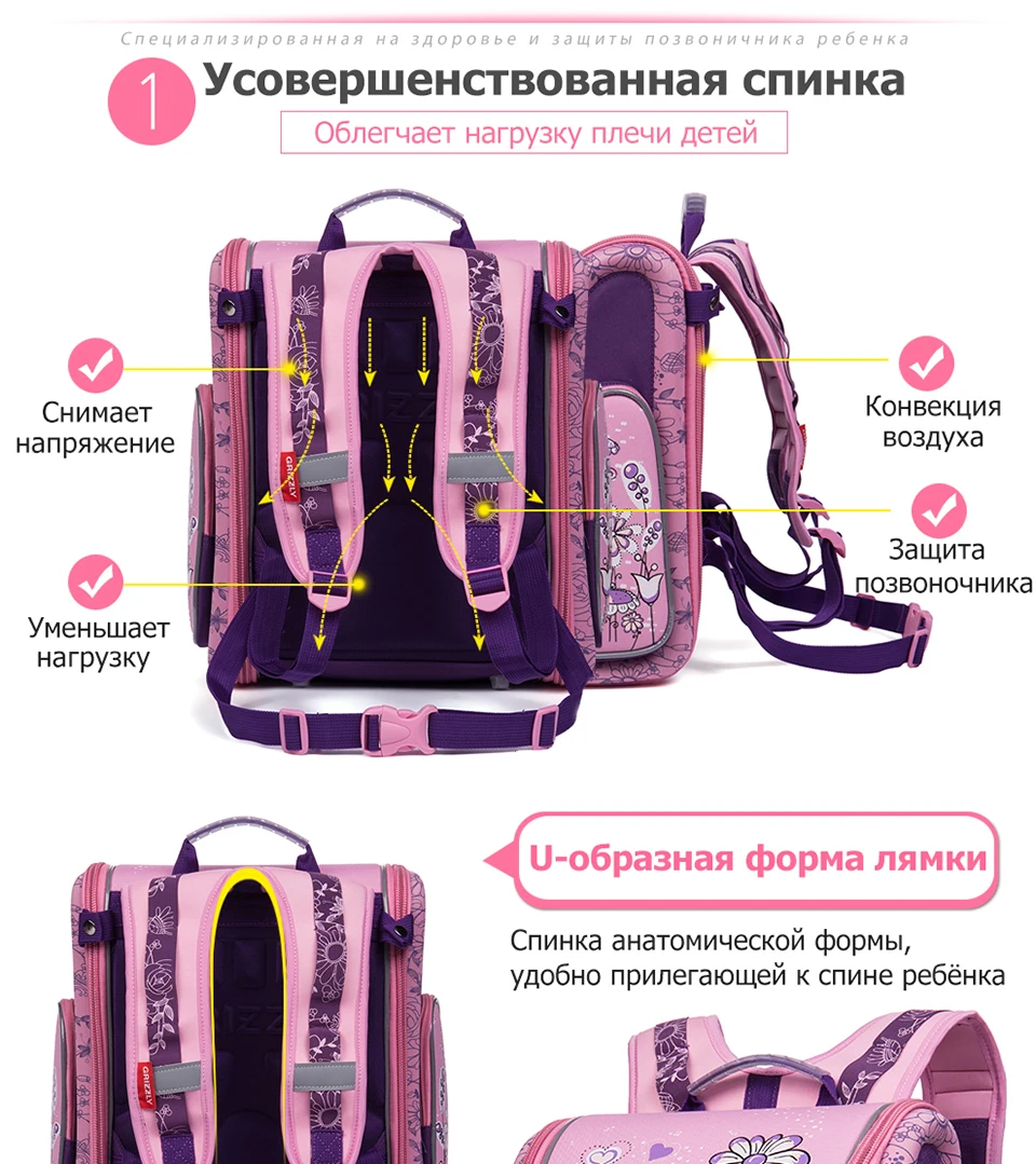 Детские ортопедические рюкзаки GRIZZLY, Водонепроницаемый Школьный рюкзак, высококачественные нейлоновые школьные сумки, Детские эргономичные дизайнерские сумки для книг для девочек