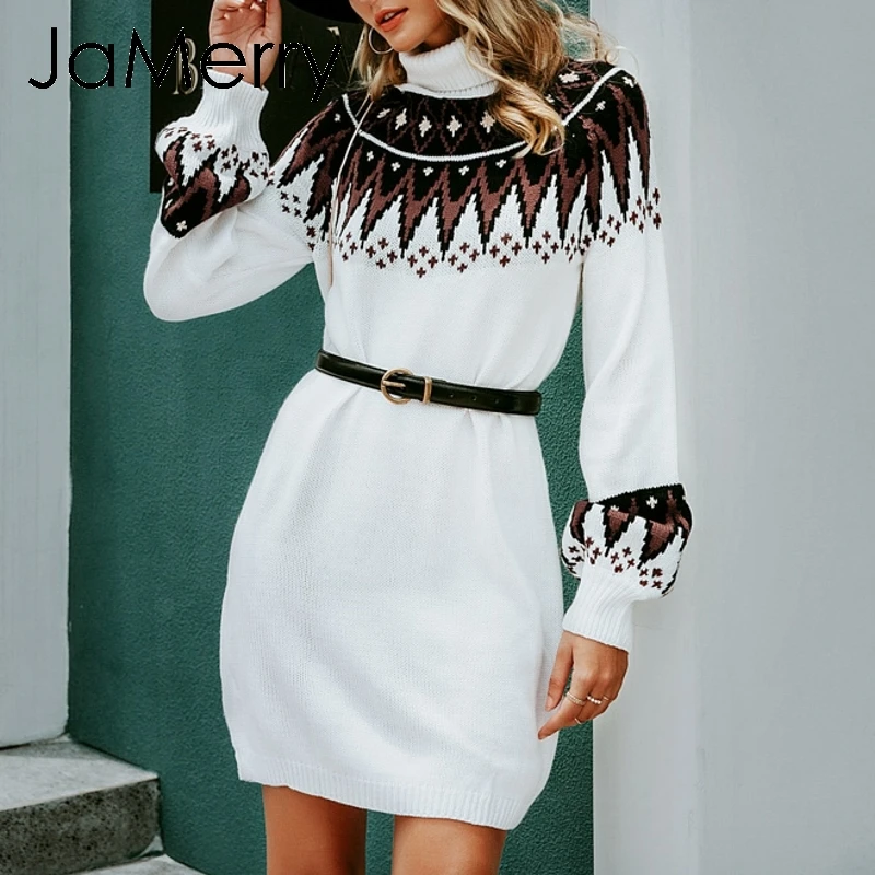 Женское трикотажное платье свитер с геометрическим принтом и высоким