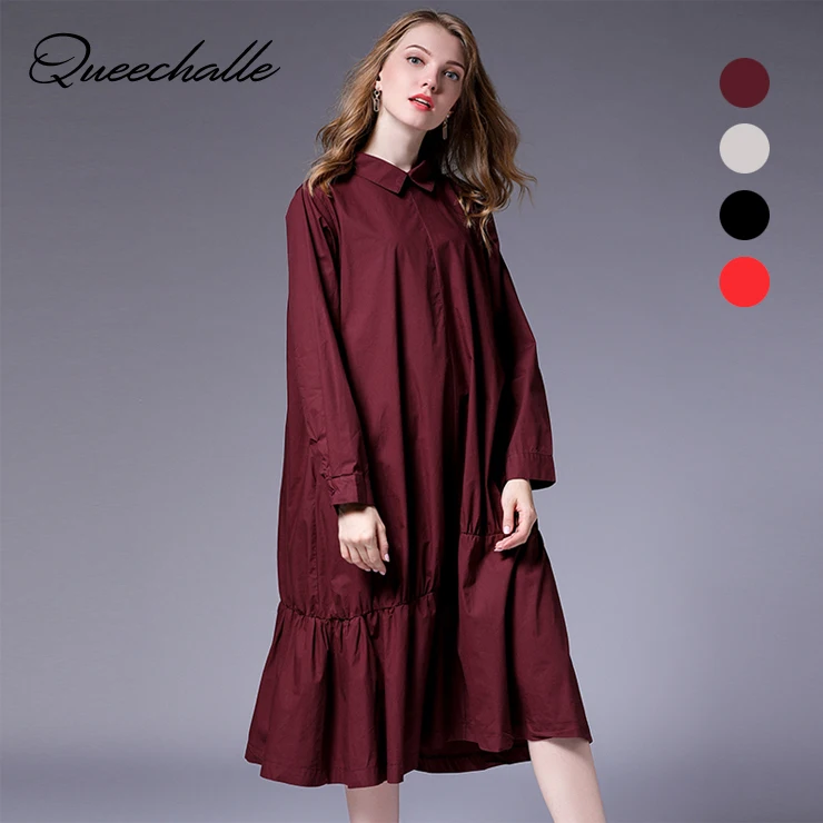 Queechalle XL 4XL Plus Size Mid Long Shirt Dress Autumn Solid Sleeve Loose A line for Women Gray Mulberry Red Black|Женские платья| |