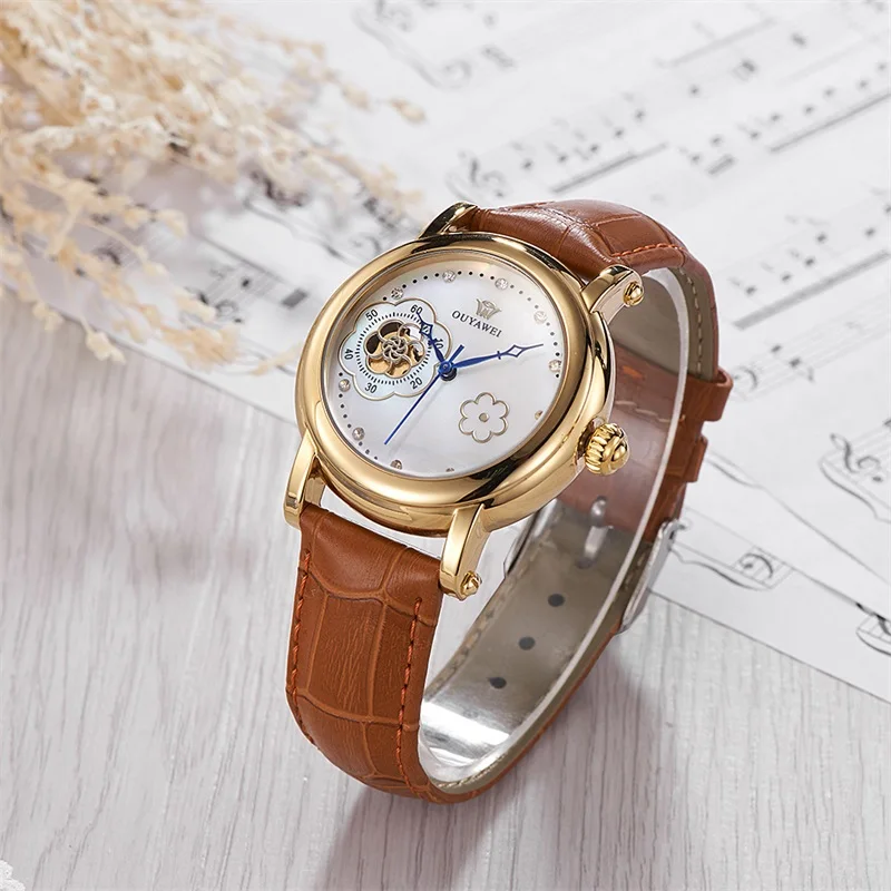 OUYAWEI Fashion Imitation Shellfish Flowers Dial Design Self Wind Mechanical Watch Women Luxury Brand Ladies Automatic Watch
