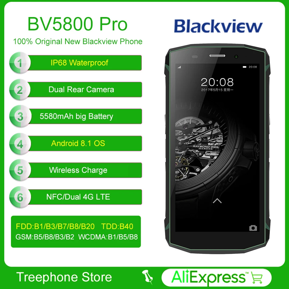 IP68 Водонепроницаемый Blackview BV5800 Pro 13.0MP смартфон 5580 мАч Android 8 1 5 &quotHD + NFC Беспроводной