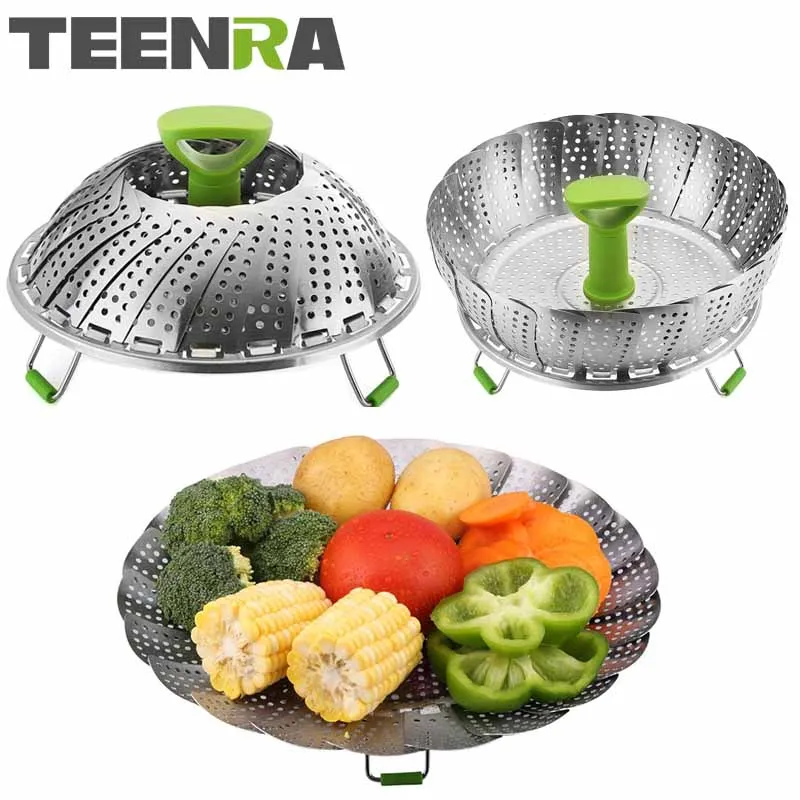 

TEENRA 11 inch Stainless Steel Collapsible Steamer Multifunction Vegetable Fruit Basket Cooking Metal Rack Food Steamer Kitchen