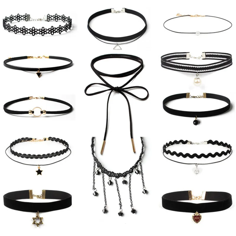 13 шт. чешские Готический тату чокер цепочки и ожерелья s Набор для Женский черный