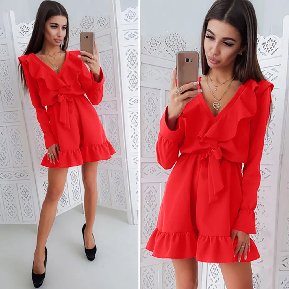 Женское платье с оборками и поясом однотонное вечернее ТРАПЕЦИЕВИДНОЕ ПЛАТЬЕ С