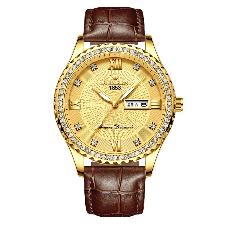 leather gold Высококачественные мужские часы от ведущего бренда, Роскошные Кварцевые часы со стальным бриллиантом, мужские часы с датой недели, водонепроницаемые золотые наручные часы - Цвет: leather gold