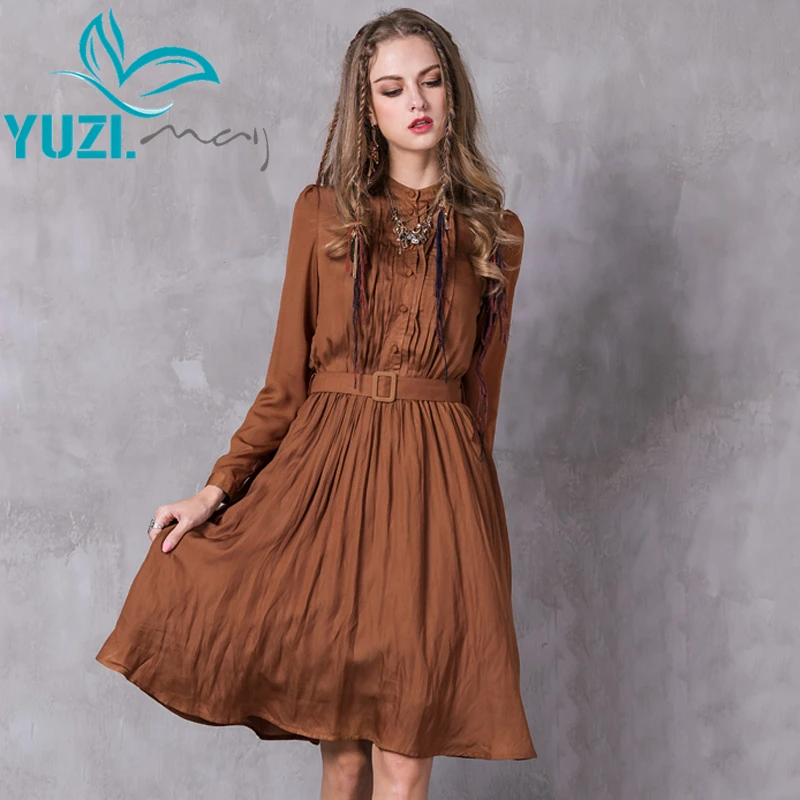 Платье женское из полиэстера и хлопка а силуэта с поясом стоячим воротником|vestido