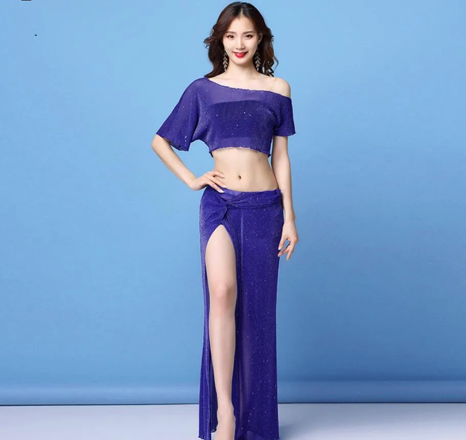 Royal Blue Серебряный сетчатый сексуальный прозрачный женский костюм для танца живота, 2 предмета, длинная юбка для танцев, тренировочная одежда для командного танца, одежда для восточных танцев - Цвет: Royal Blue
